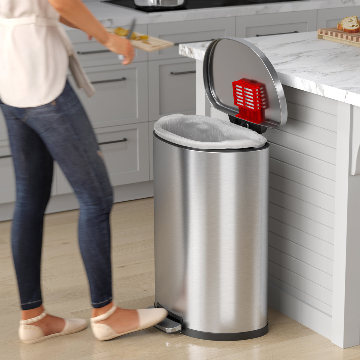 pedal trash bin iTouchless SoftStep 13.2 Gallon Stainless Steel Step Trash Can Semi-Round with Odor Control System