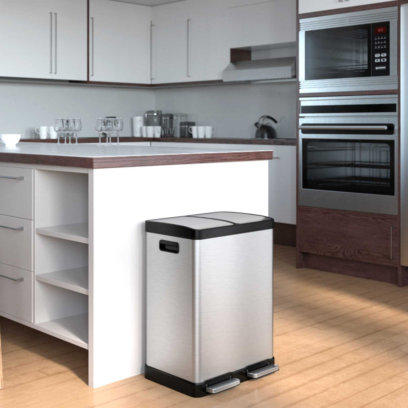 16 Gallon / 60 Liter SoftStep Dual Compartment Trash Can and Recycle Bin in kitchen