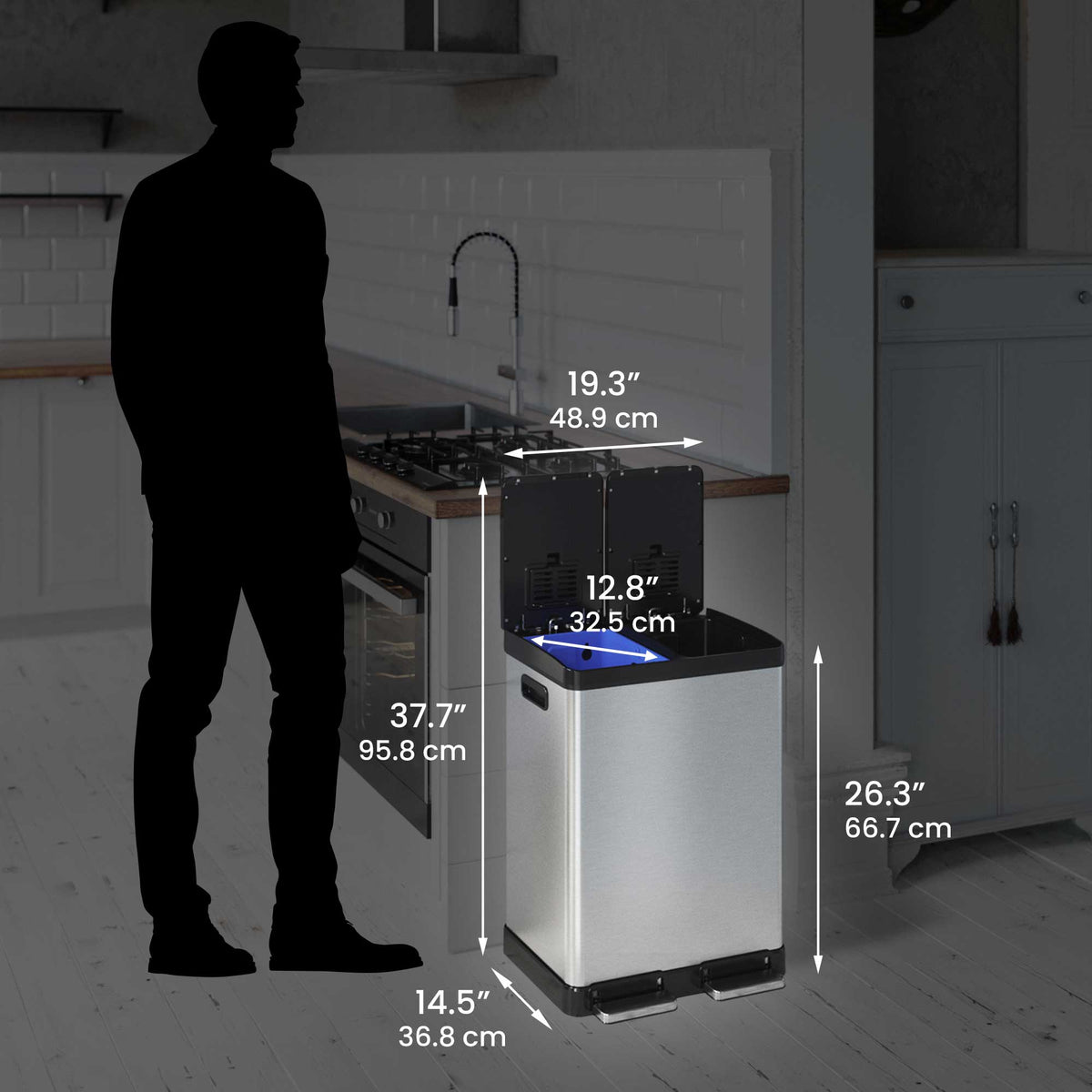 16 Gallon / 60 Liter SoftStep Dual Compartment Trash Can and Recycle Bin dimensions