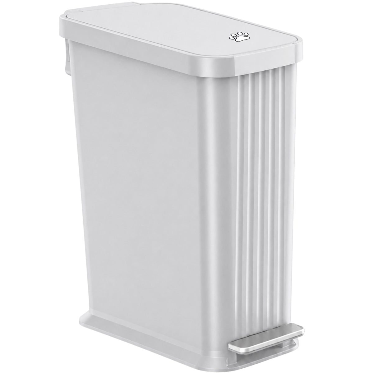 Matte Gray Stone trash can with paw print design on a white background