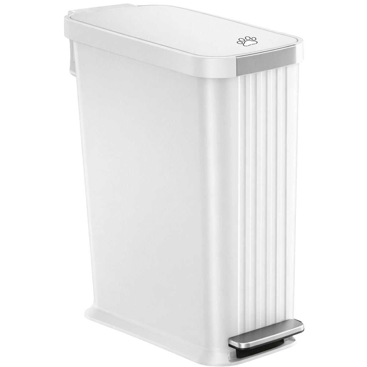 White trash bin with a paw print design on a white background
