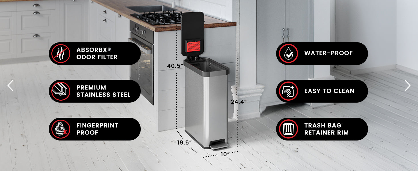 Premium features of PP13ESB: AbsorbX Odor Filter, Premium Stainless Steel, Fingerprint proof, Water-proof lid, easy to clean, and trash bag retainer rim