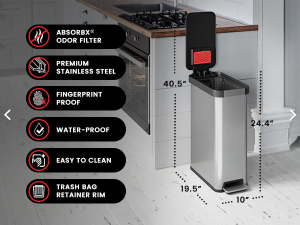 Premium features of PP13ESB: AbsorbX Odor Filter, Premium Stainless Steel, Fingerprint proof, Water-proof lid, easy to clean, and trash bag retainer rim hh