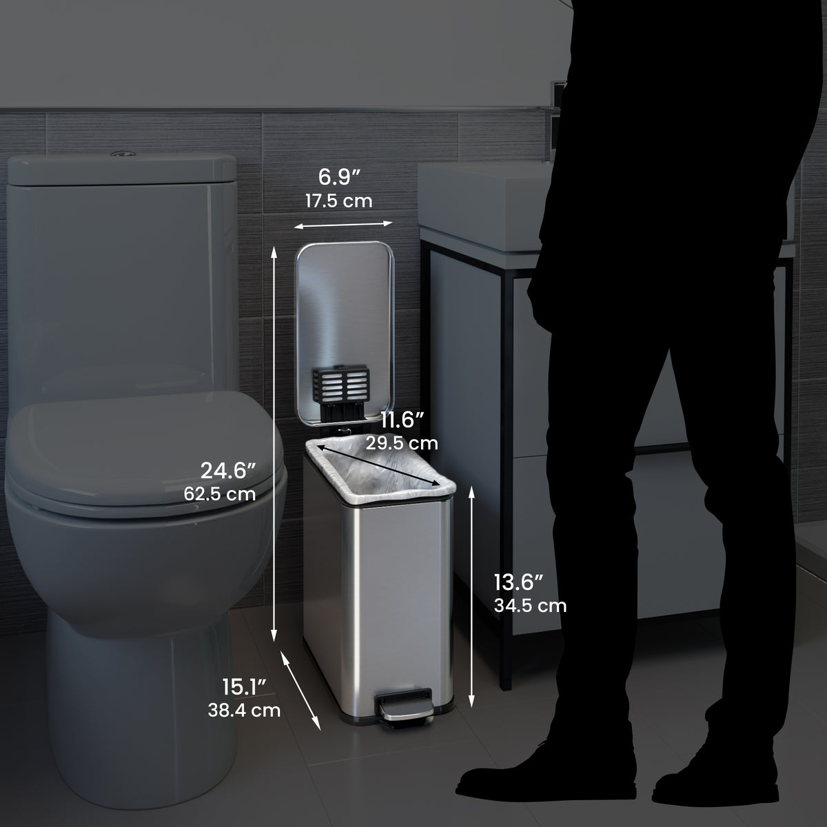 3 Gallon / 11.4 Liter SoftStep Slim Step Pedal Trash Can dimensions