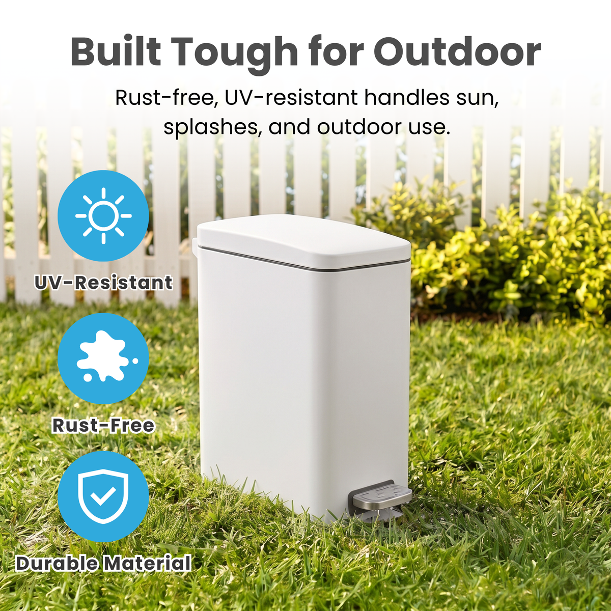 outdoor step trash can featuring durable, UV-resistant, rust-free materials designed to withstand sun exposure, splashes, and everyday outdoor use.