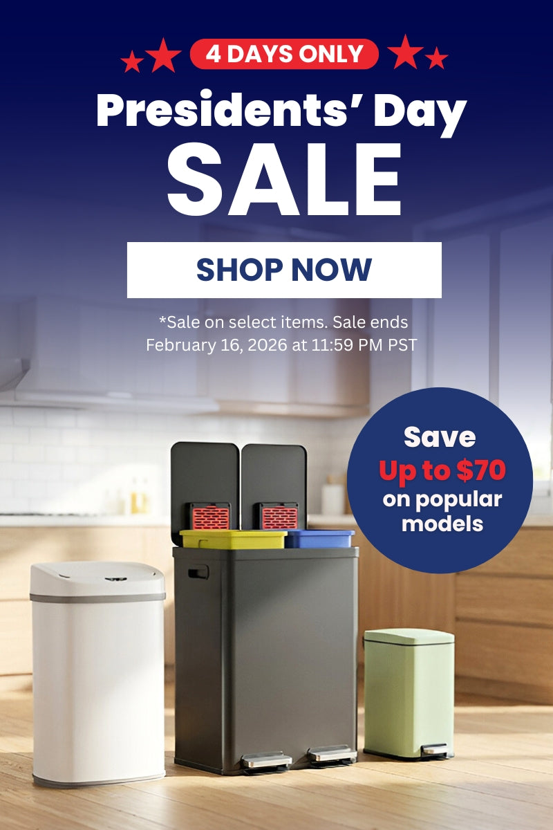 Presidents' Day sale advertisement for trash cans with a blue background and text.