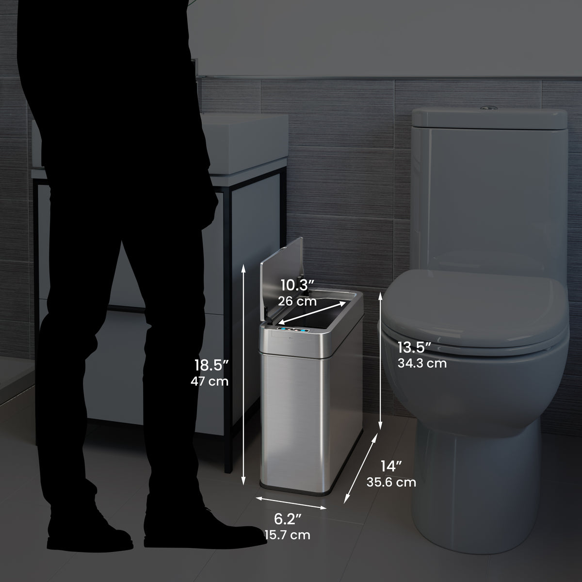 4 Gallon Stainless Steel Slim Sensor Trash Can (Left Side Lid Open) dimensions