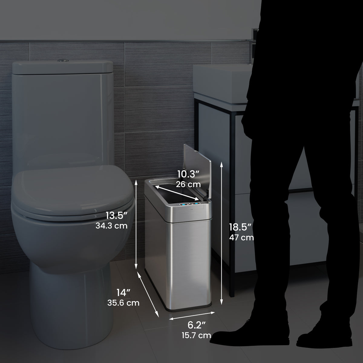 4 Gallon Stainless Steel Slim Sensor Trash Can (Right Side Lid Open) dimensions