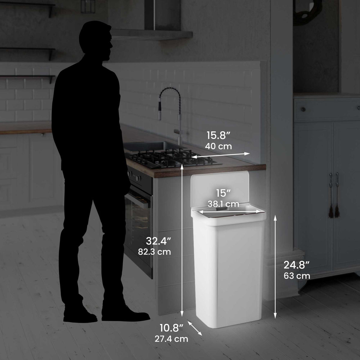 Products 13.2 Gallon / 50 Liter Prime Plastic Sensor Trash Can (White) Dimensions