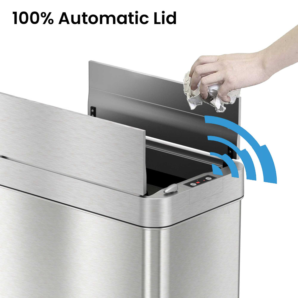 13 Gallon Stainless Steel Wings Lid Rolling Sensor Kitchen Trash Can with Wheels and Odor Filter 100% Automatic Lid