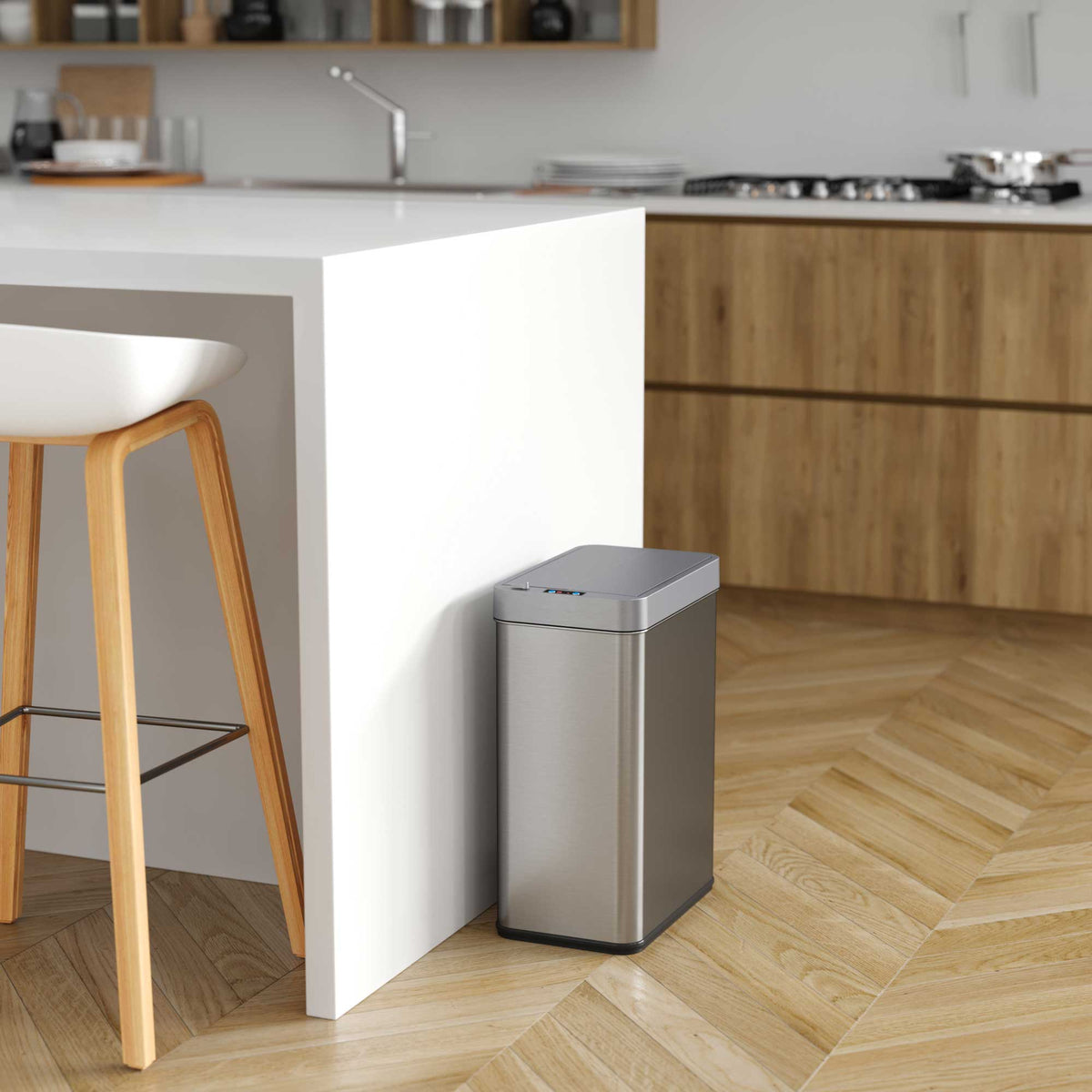 iTouchless 13 Gallon Stainless Steel Wings Lid Sensor Trash Can with Pet Lock and Odor Filter in kitchen