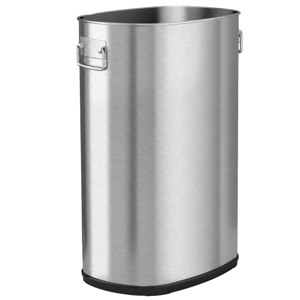 30-gallon oval open-top trash can with fingerprint-proof stainless steel, slim space-saving shape, wide opening, and dual odor filters.