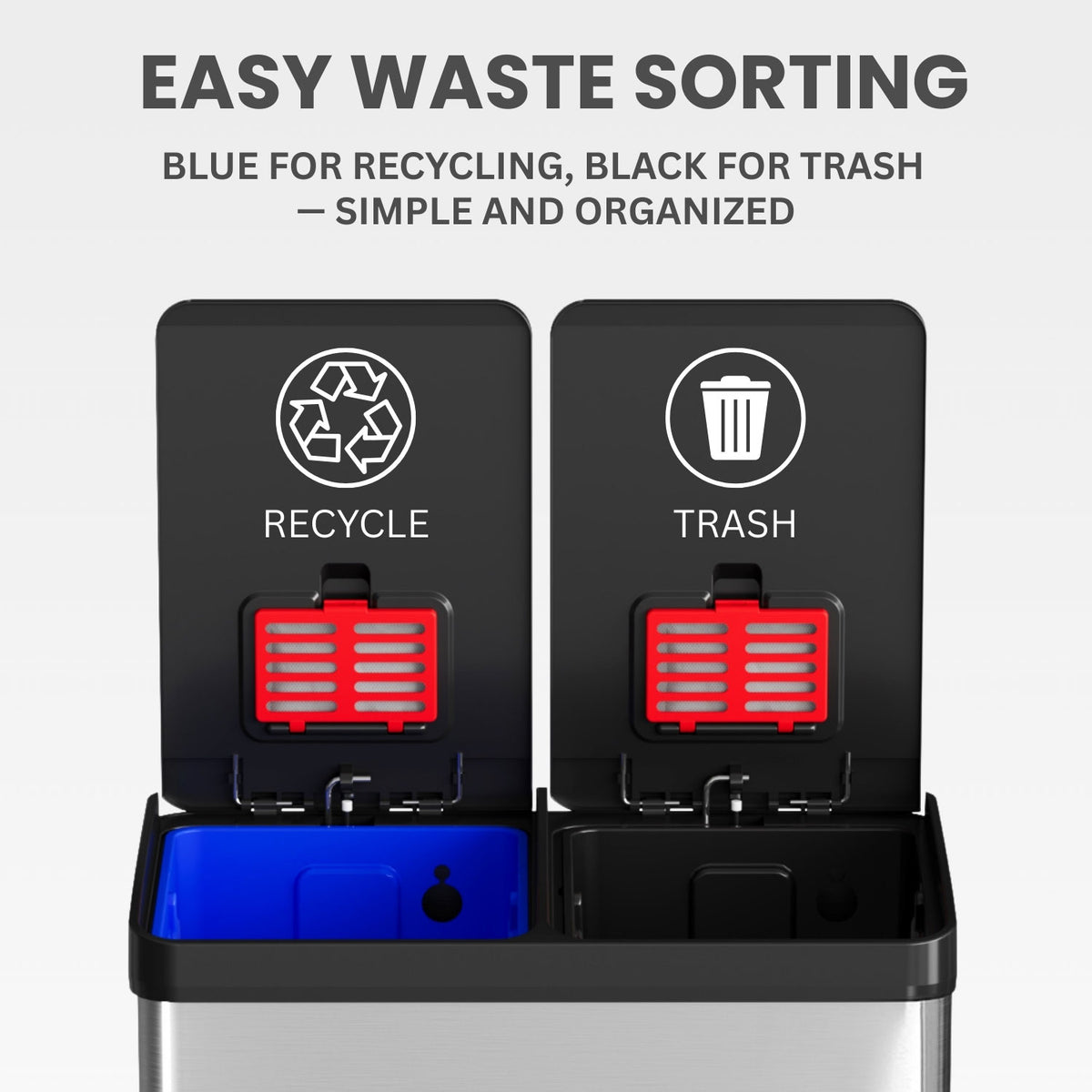 Top-down view of the iTouchless PC60RSS dual-compartment can with the lids open, showing the easy waste sorting system: blue inner bucket for recycling and black inner bucket for trash.