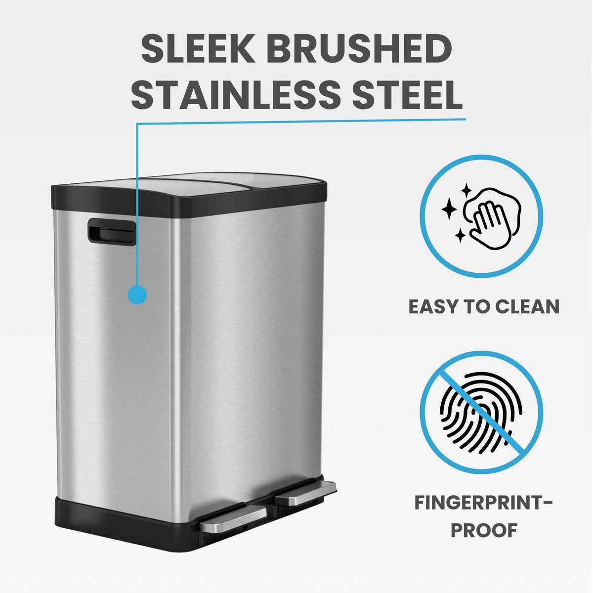 Diagram showing the stainless steel construction of the iTouchless PC60RSS, featuring 430 grade premium quality stainless steel with an anti-rust and fingerprint-proof outer layer.