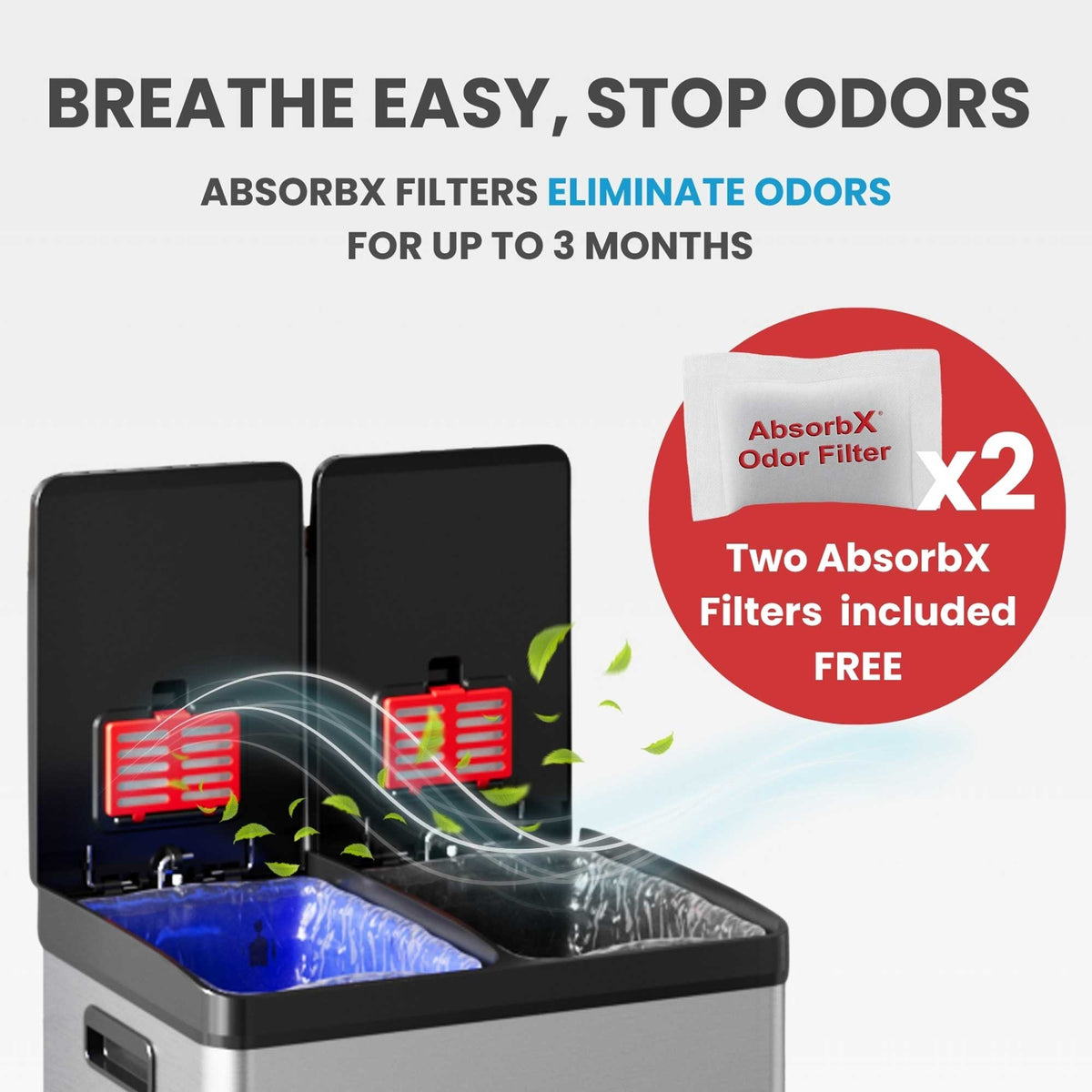 Image illustrating the odor elimination feature of the iTouchless trash can, showing the dual AbsorbX odor filters in the lids that control smells for up to 3 months.