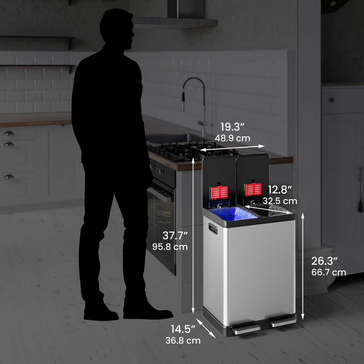 Size perspective image of the iTouchless PC60RSS trash can next to a silhouette of a person, displaying its full dimensions in inches and centimeters (37.7" height with lid open).