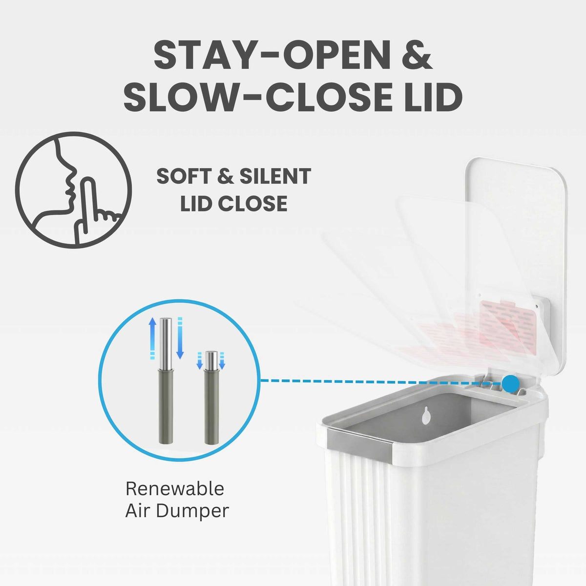 iTouchless PE13WW chalk white step on kitchen trash can stay open and slow close lid