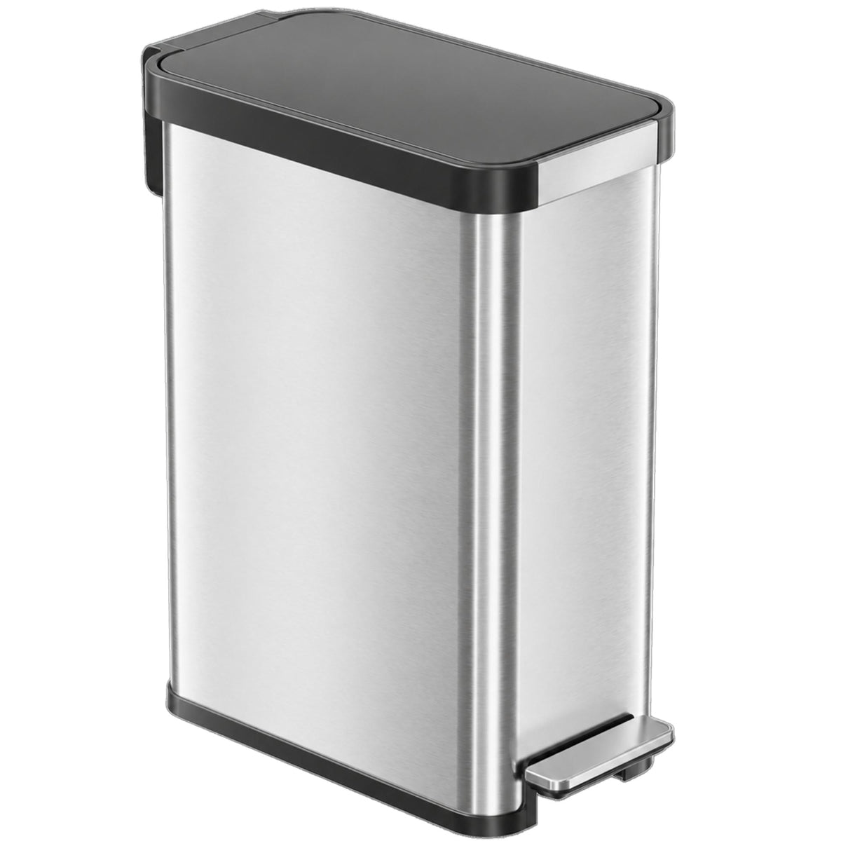 Stainless steel trash can with black lid on a white background
