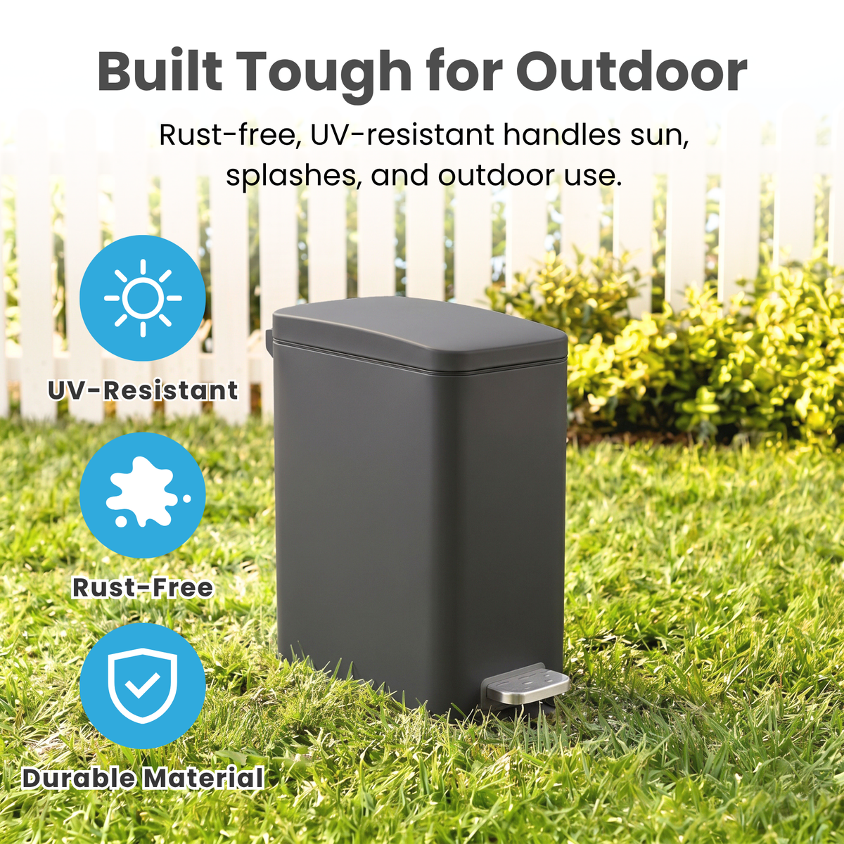 outdoor step trash can featuring durable, UV-resistant, rust-free materials designed to withstand sun exposure, splashes, and everyday outdoor use.