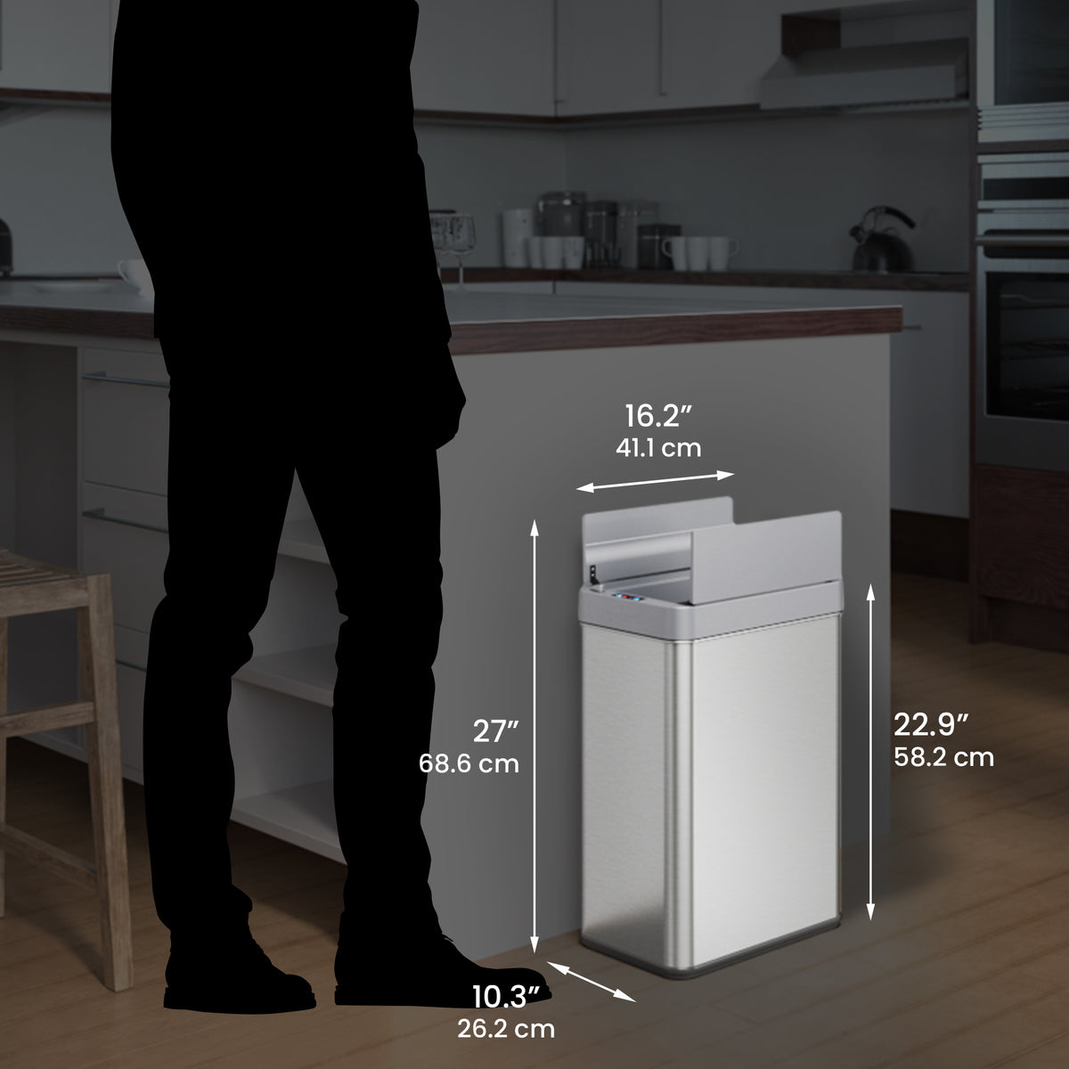 iTouchless 13 Gallon Stainless Steel Wings Lid Sensor Kitchen Garbage Can dimensions