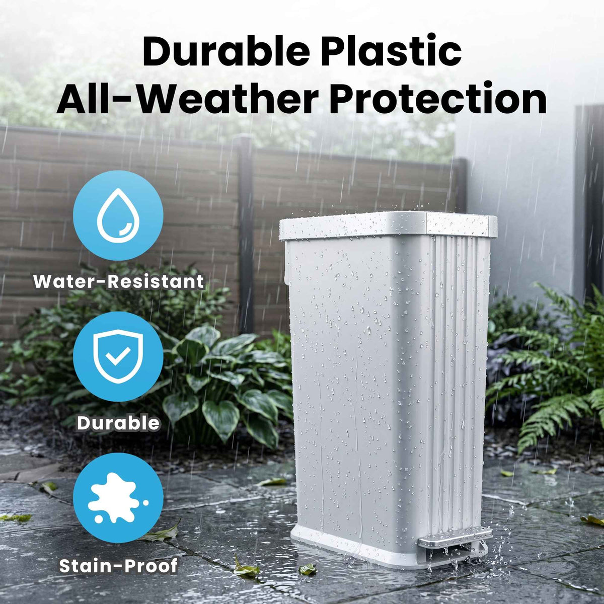 Gray Stone rectangular object with raindrops on it, labeled 'Durable Plastic All-Weather Protection' with icons for water-resistant, durable, and stain-proof features.
