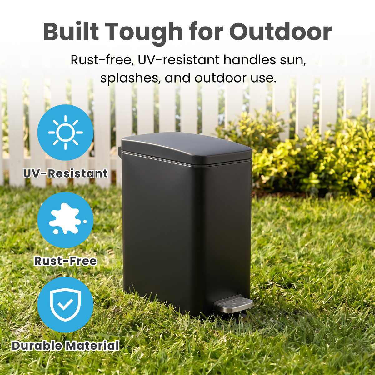 outdoor step trash can featuring durable, UV-resistant, rust-free materials designed to withstand sun exposure, splashes, and everyday outdoor use.