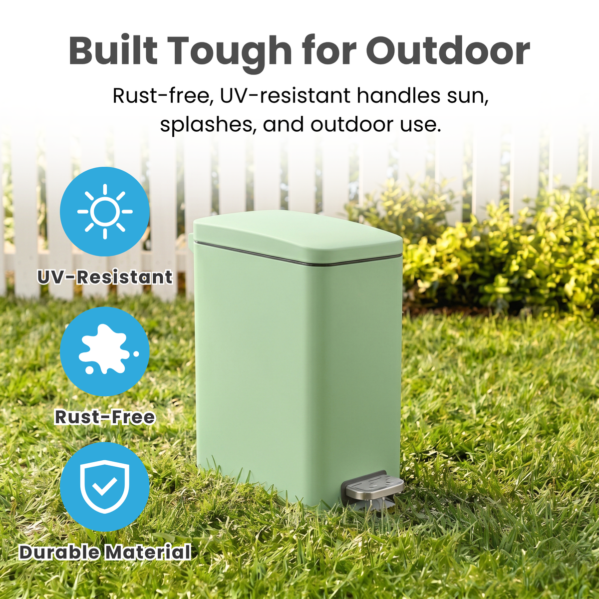 outdoor step trash can featuring durable, UV-resistant, rust-free materials designed to withstand sun exposure, splashes, and everyday outdoor use.