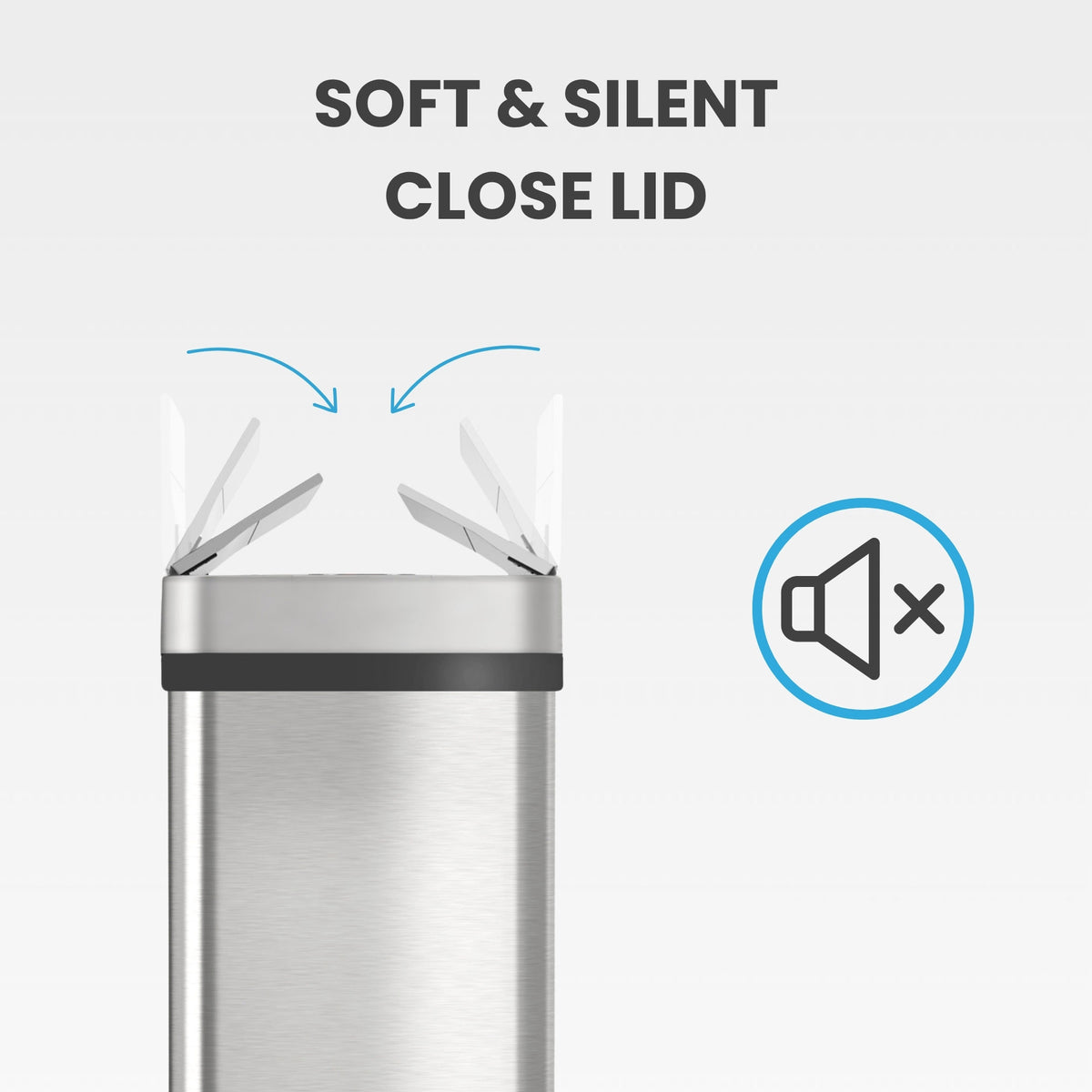 Soft and silent close lid on the iTouchless 4-gallon automatic sensor bathroom trash can.