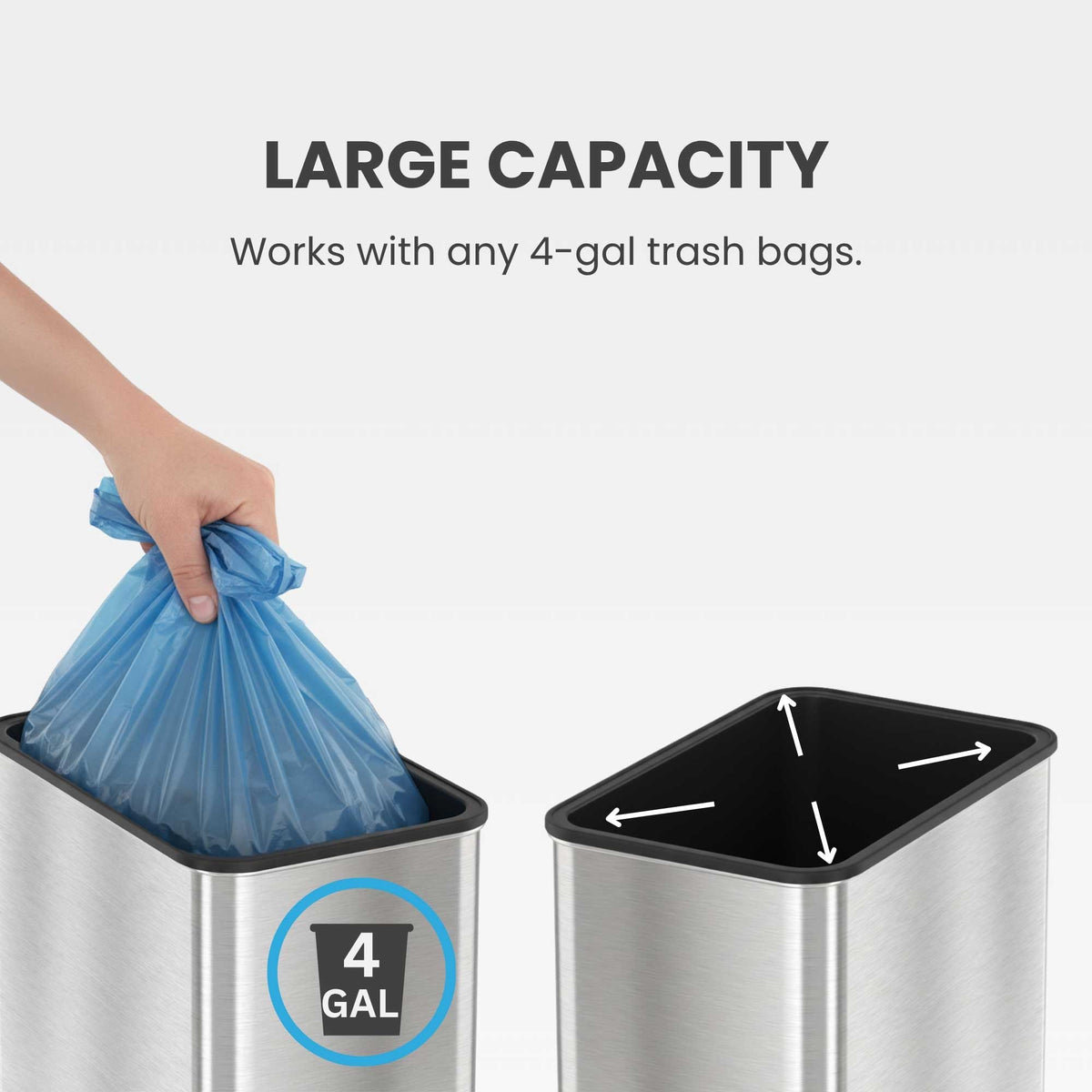 Hand placing a 4-gallon trash bag into the iTouchless stainless steel bathroom trash can.