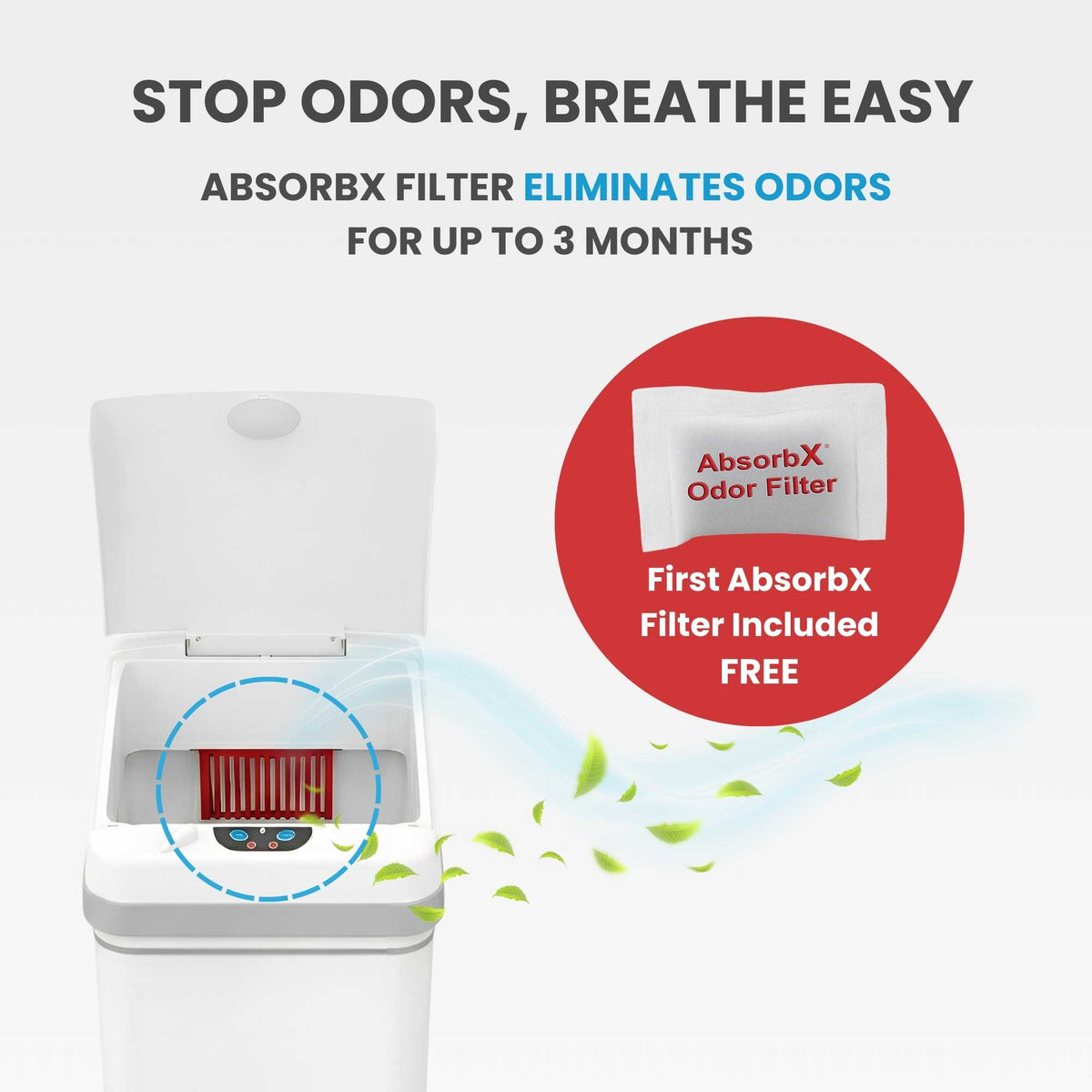 Image illustrating the odor elimination feature of the iTouchless trash can, showing the AbsorbX odor filter in the lids that control smells for up to 3 months.