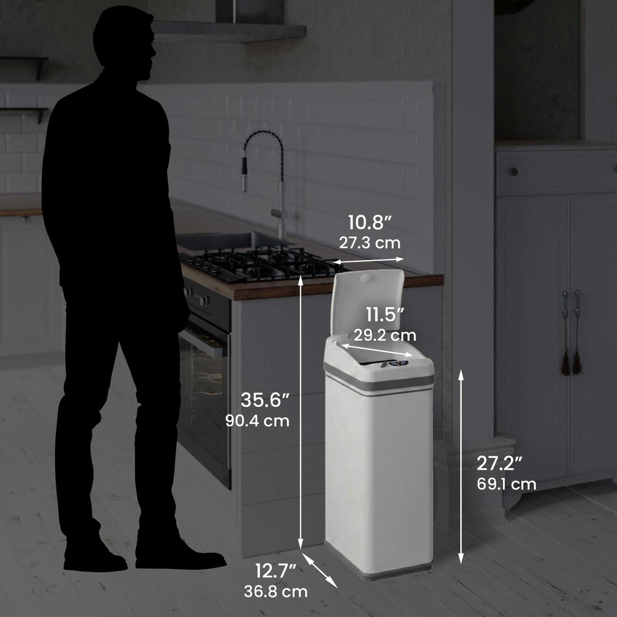 Size perspective image of the iTouchless DZT13PWH trash can next to a silhouette of a person, displaying its full dimensions in inches and centimeters (27.2" height with lid open).