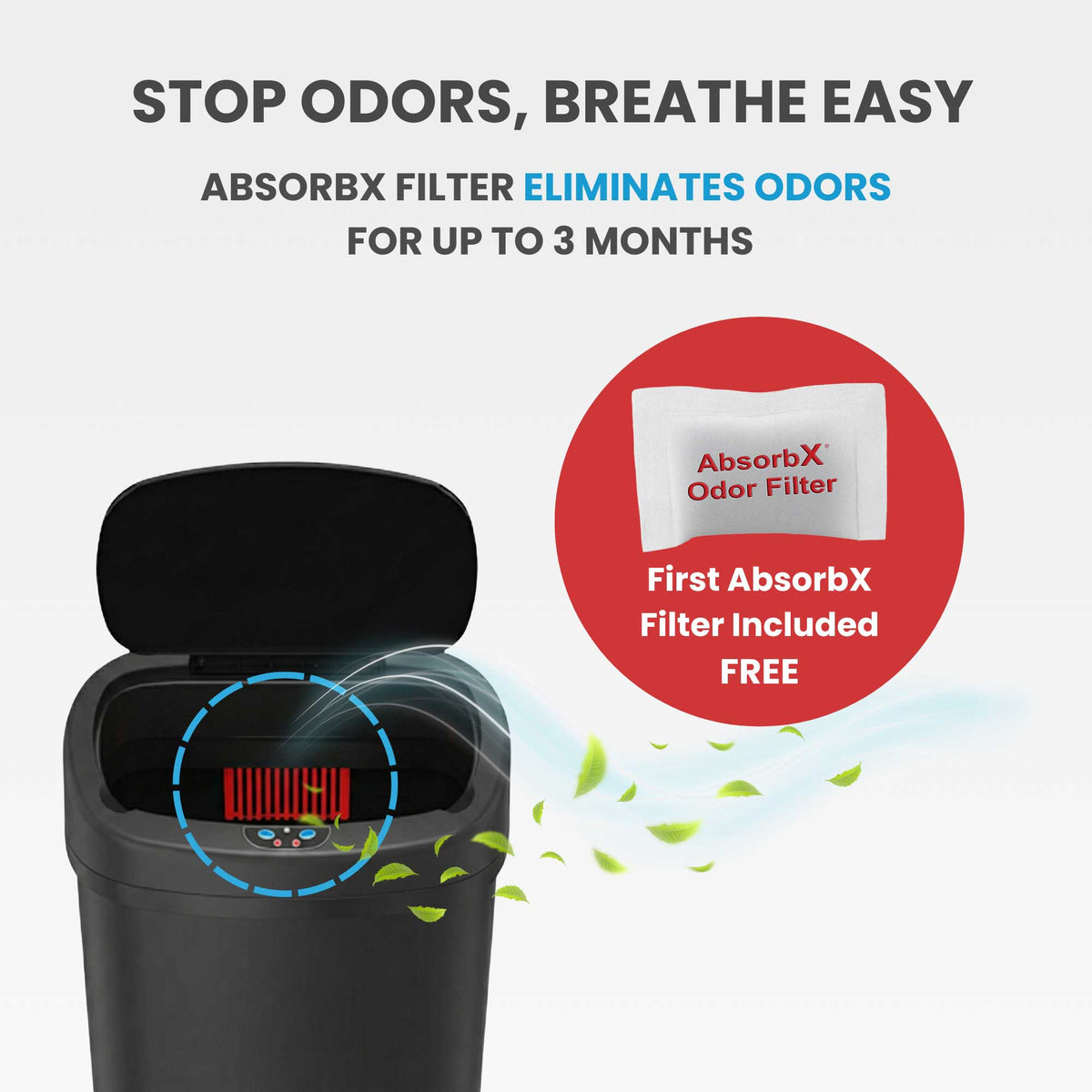 Image illustrating the odor elimination feature of the iTouchless trash can, showing the AbsorbX odor filter in the lids that control smells for up to 3 months.