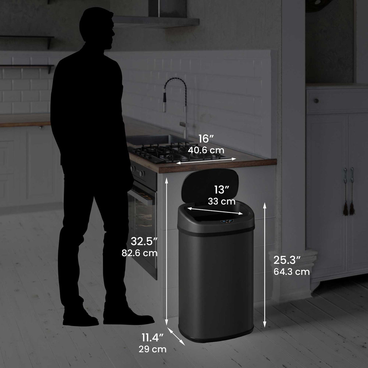 Size perspective image of the iTouchless ITOS13BK trash can next to a silhouette of a person, displaying its full dimensions in inches and centimeters (25.3" height with lid open).