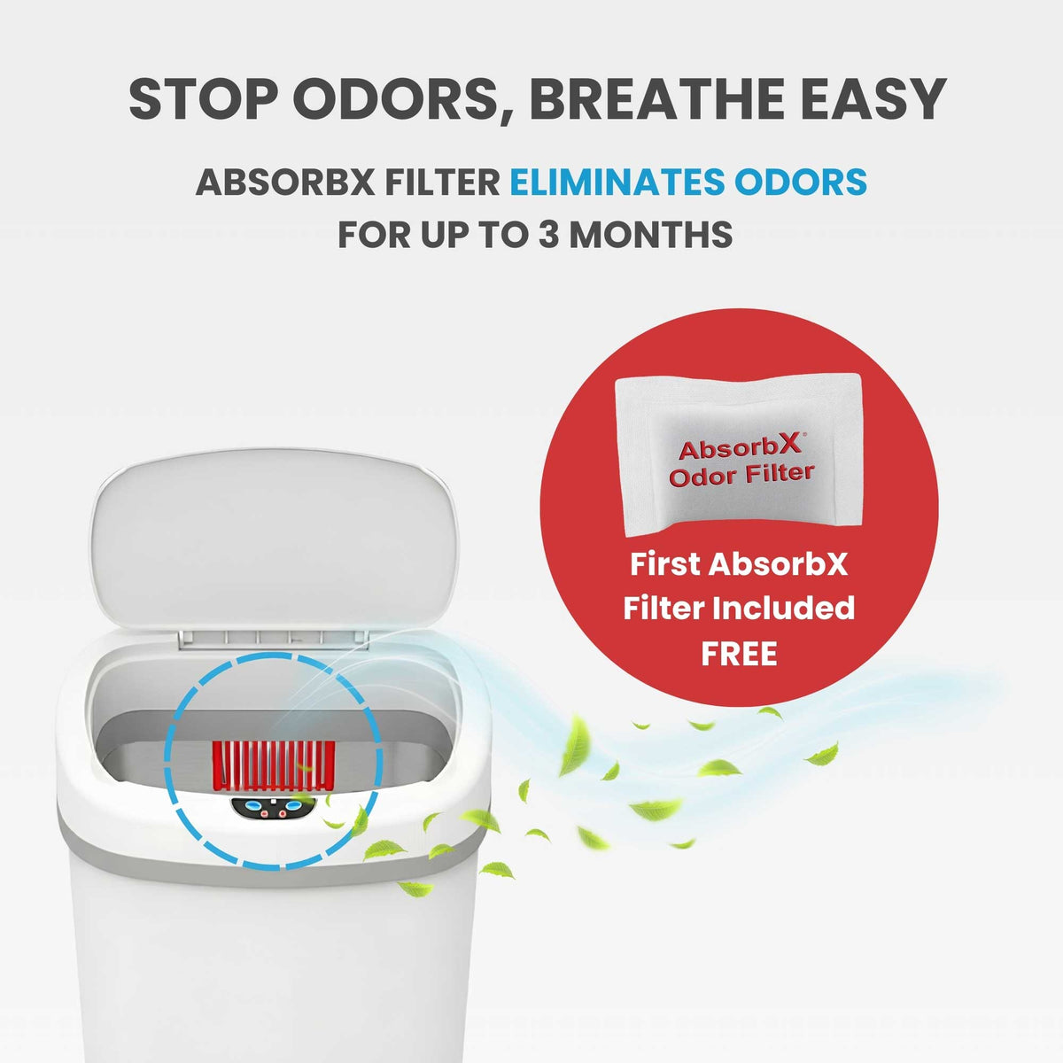Image illustrating the odor elimination feature of the iTouchless trash can, showing the AbsorbX odor filter in the lids that control smells for up to 3 months.