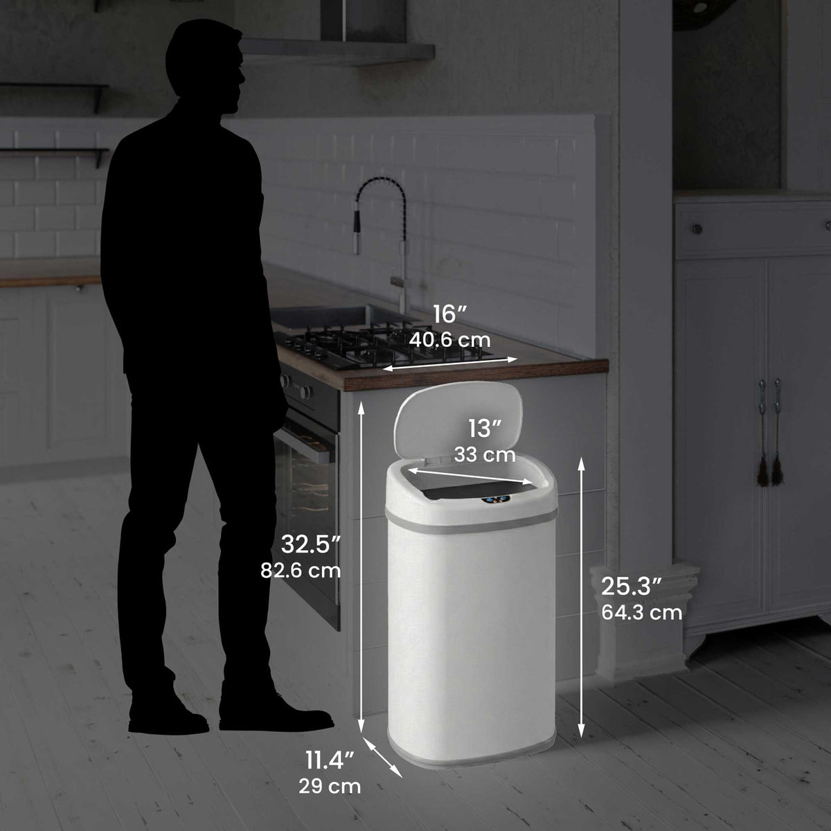 Size perspective image of the iTouchless ITOS13WH trash can next to a silhouette of a person, displaying its full dimensions in inches and centimeters (25.3" height with lid open).