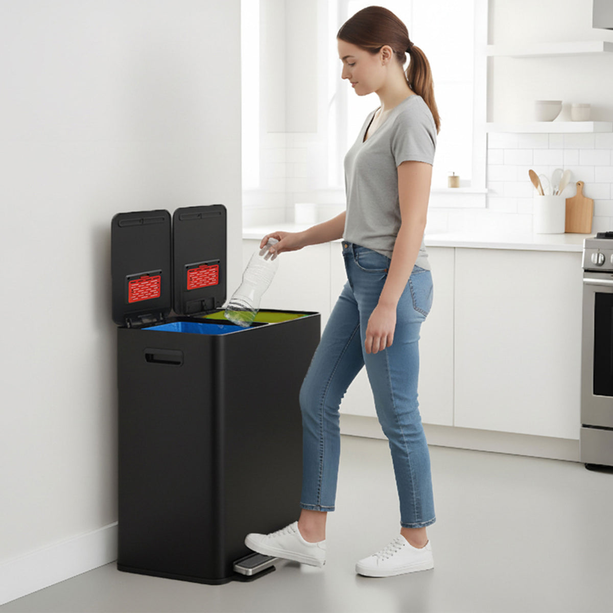 A woman in a modern kitchen using the iTouchless PC60RSPBK black stainless steel 60L step trash can to sort a plastic bottle into one of the recycling compartments.
