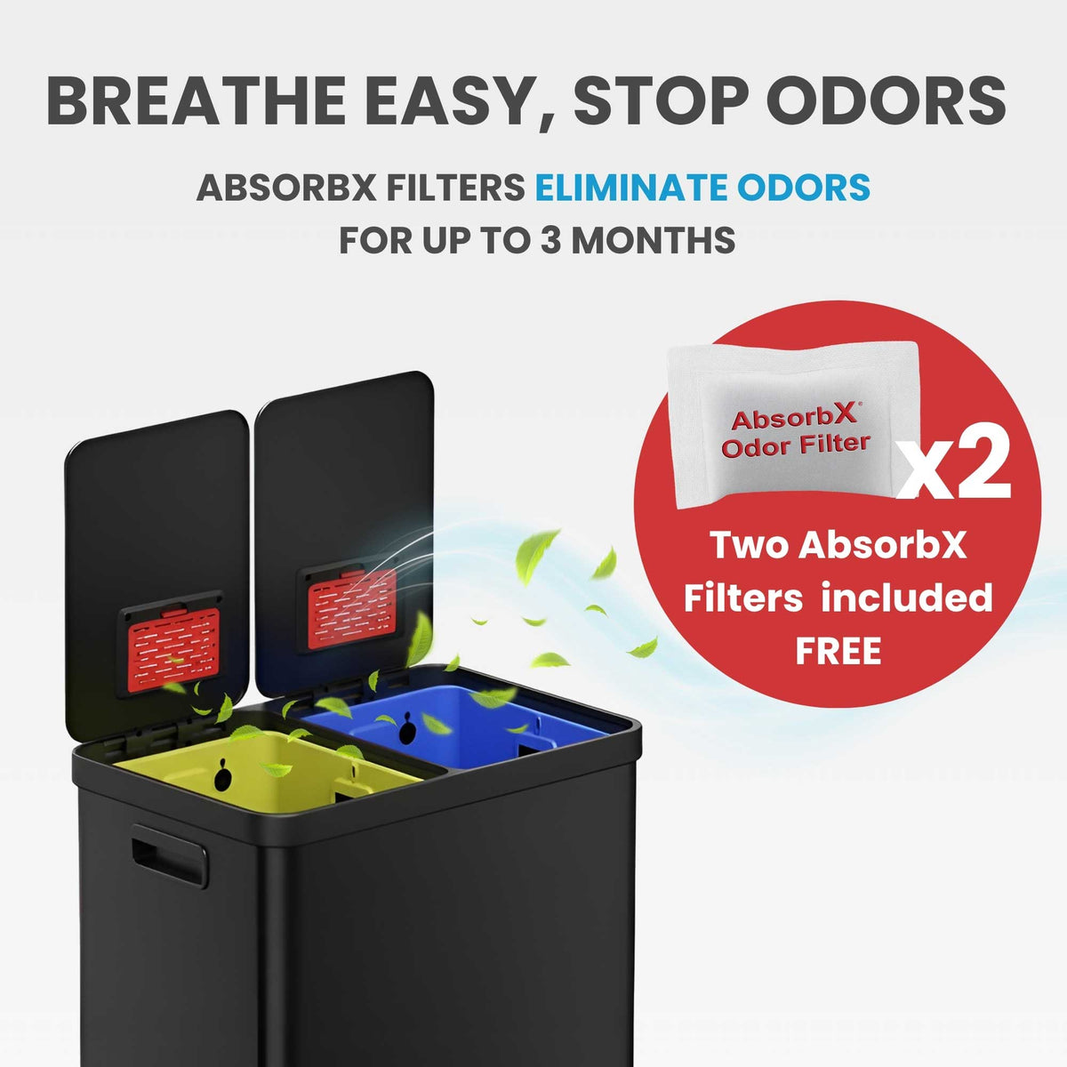 Image illustrating the odor elimination feature of the iTouchless trash can, showing the dual AbsorbX odor filters in the lids that control smells for up to 3 months.