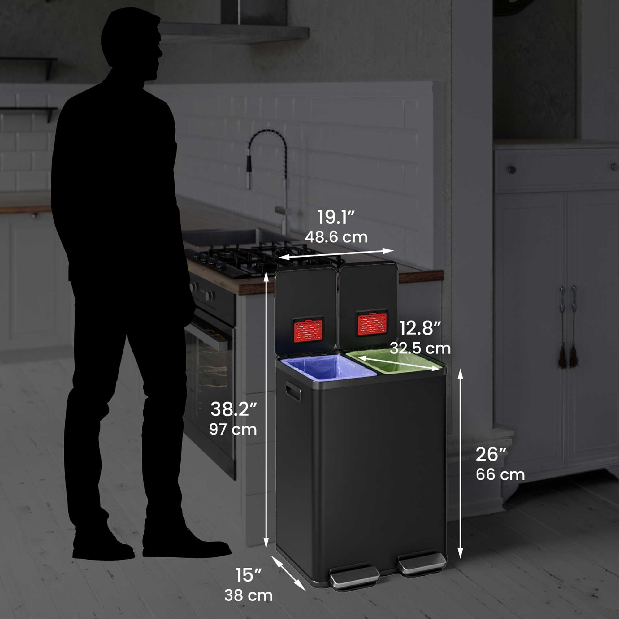 61 Liter / 16 Gallon SoftStep Matte Black Dual Compartment Trash