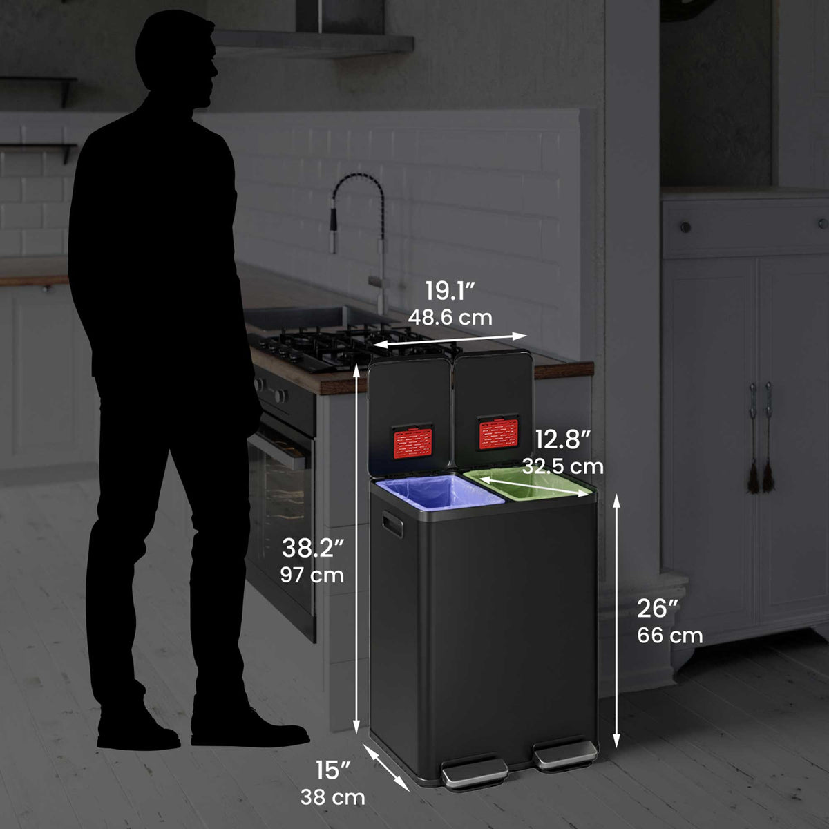 Size perspective image of the iTouchless PC60RSPBK trash can next to a silhouette of a person, displaying its full dimensions in inches and centimeters (38.2" height with lid open).
