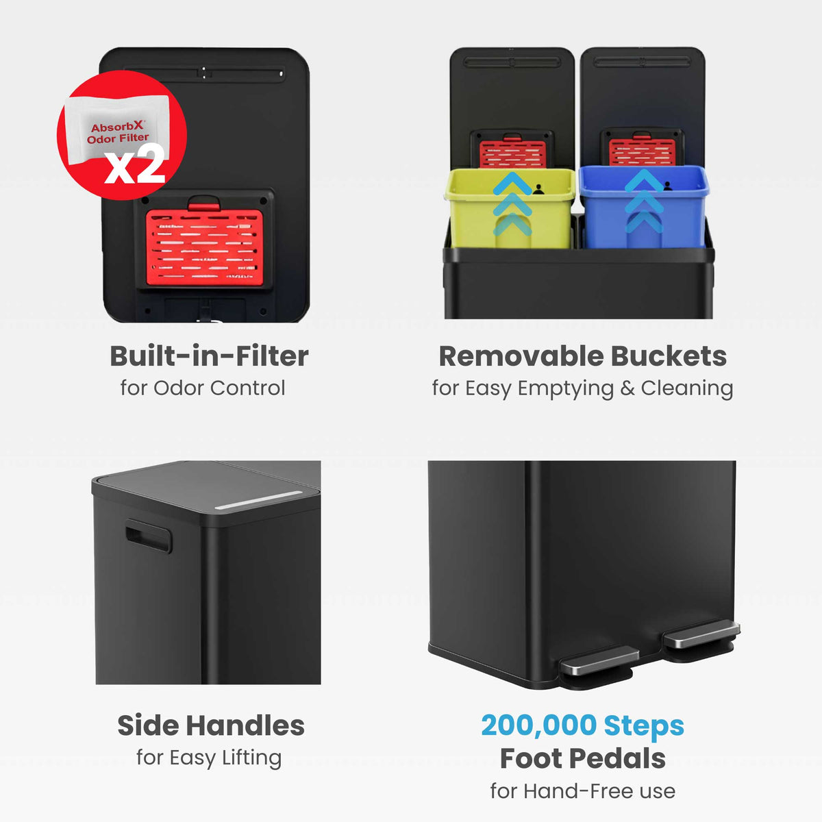 Close-up view of the iTouchless PC60RSPBK 60L dual compartment trash can highlighting its key features: built-in AbsorbX odor control filter, removable inner buckets for easy cleaning, side handles, and durable foot pedals.