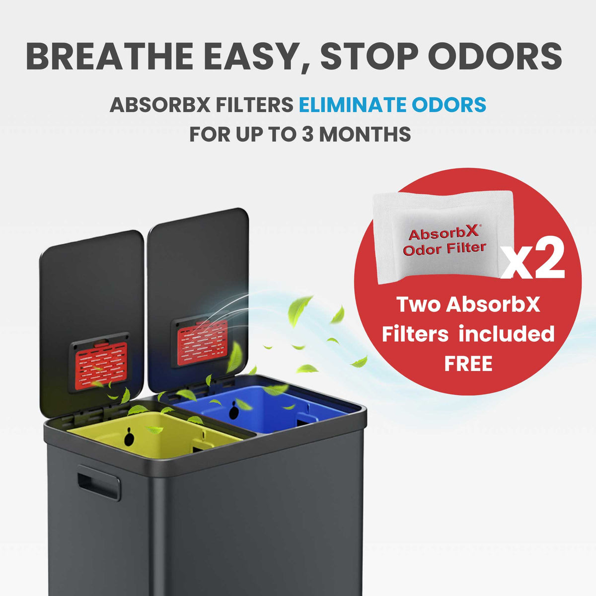 Image illustrating the odor elimination feature of the iTouchless trash can, showing the dual AbsorbX odor filters in the lids that control smells for up to 3 months.