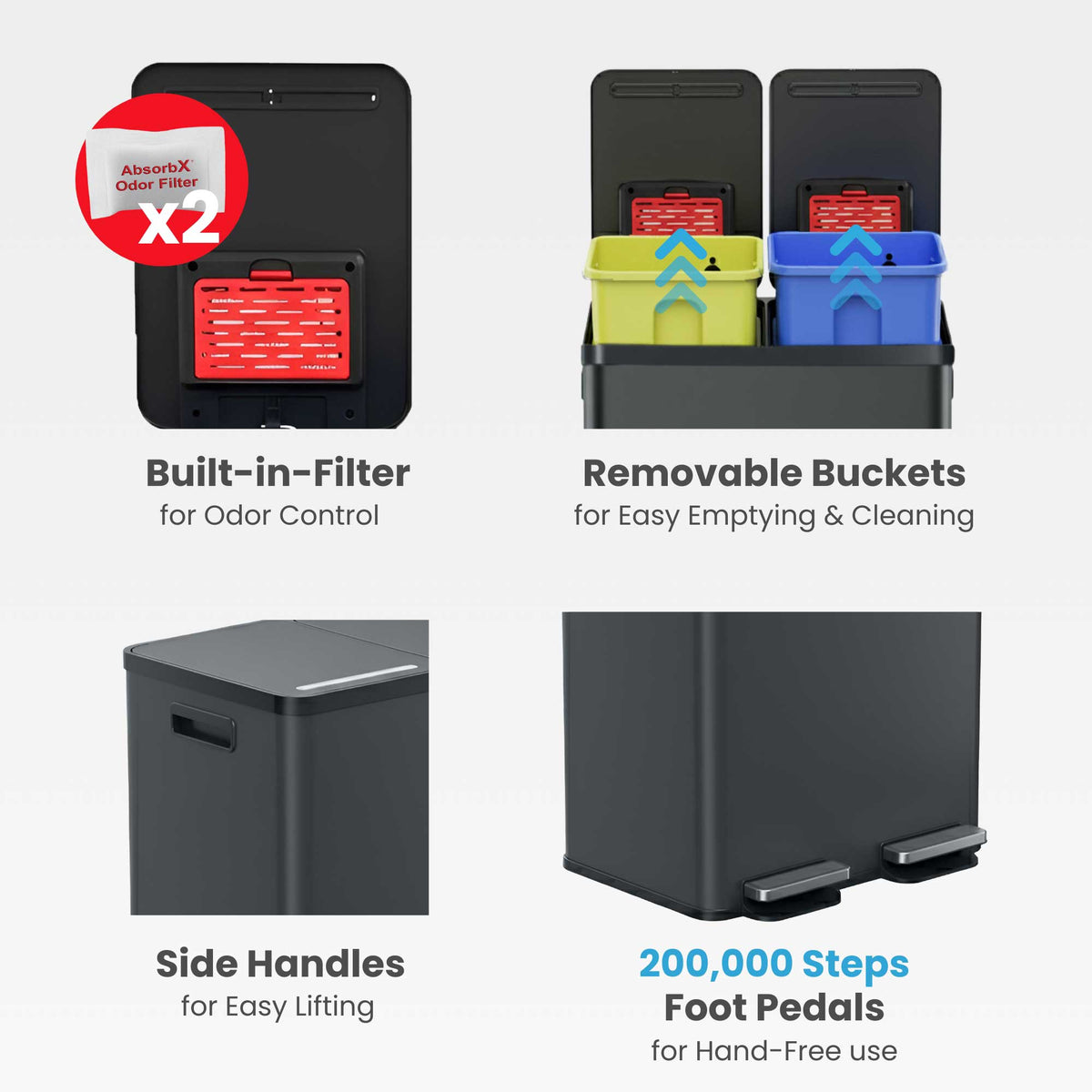 Close-up view of the iTouchless PC60RSPGY 60L dual compartment trash can highlighting its key features: built-in AbsorbX odor control filter, removable inner buckets for easy cleaning, side handles, and durable foot pedals.