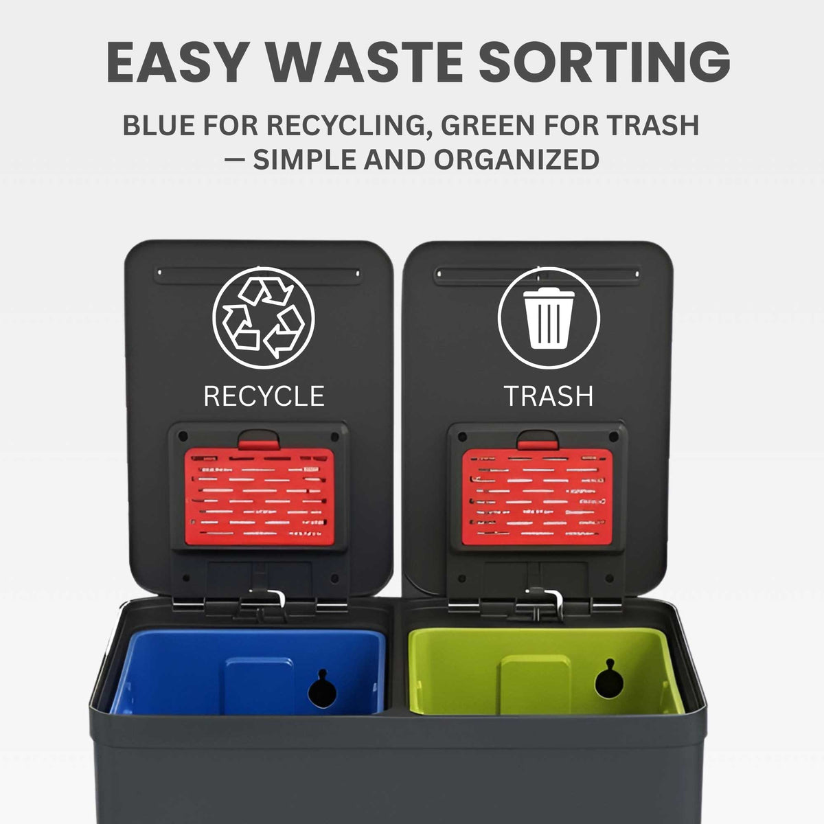 Top-down view of the iTouchless PC60RSPGY dual-compartment can with the lids open, showing the easy waste sorting system: blue inner bucket for recycling and green inner bucket for trash.