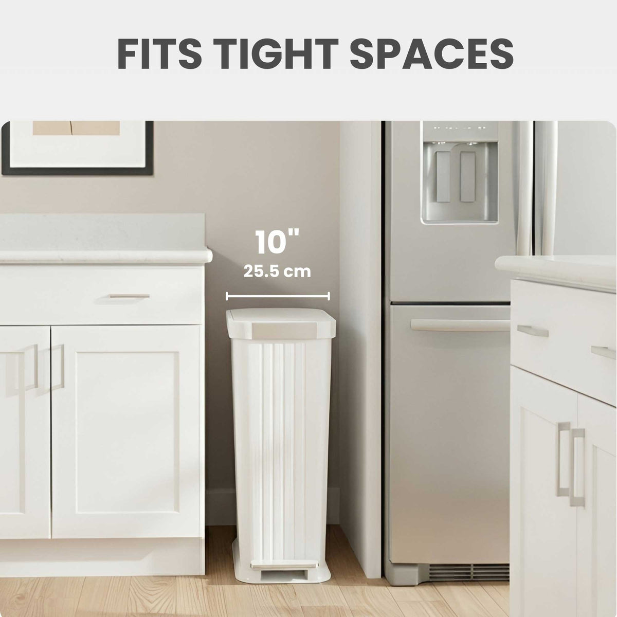 iTouchless PE13WW slim step trash can fits into tight spots like between refrigerator and counter in the kitchen