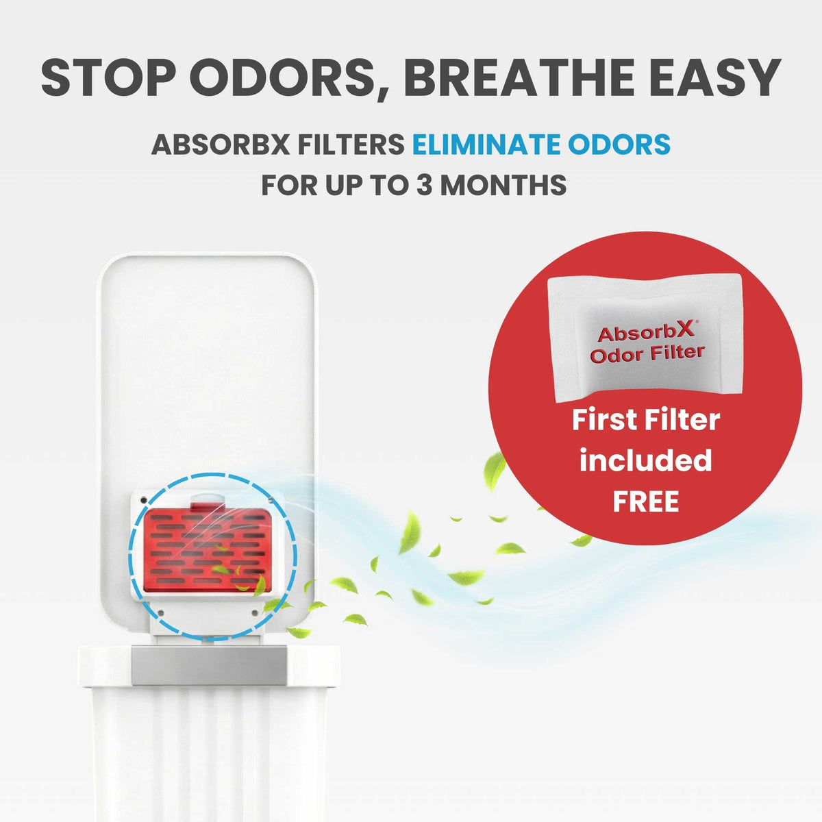 Image illustrating the odor elimination feature of the iTouchless PE13WW chalk white step trash can, showing the AbsorbX odor filter in the lid that controls smells for up to 3 months.