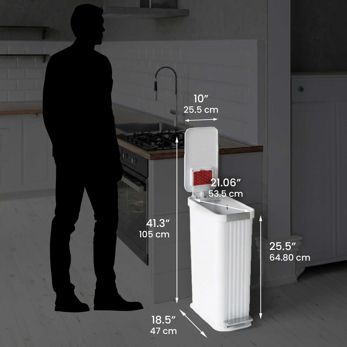 Size perspective image of the iTouchless PE13WW trash can next to a silhouette of a person, displaying its full dimensions in inches and centimeters (41.3 inch height with lid open).