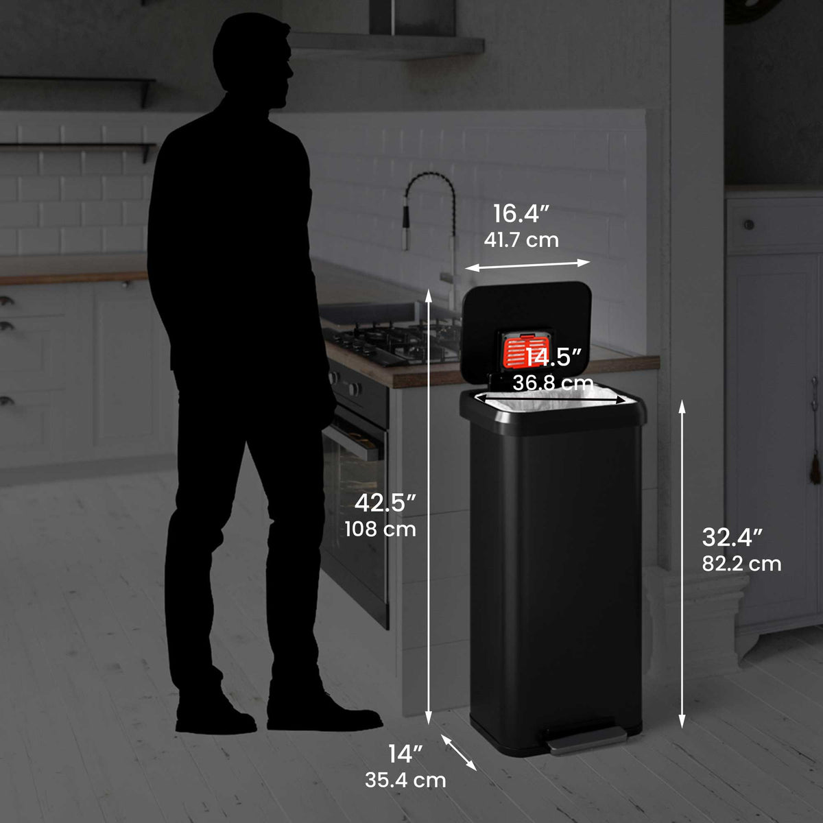 Size perspective image of the iTouchless PP20RSBK trash can next to a silhouette of a person, displaying its full dimensions in inches and centimeters (42.5" height with lid open).