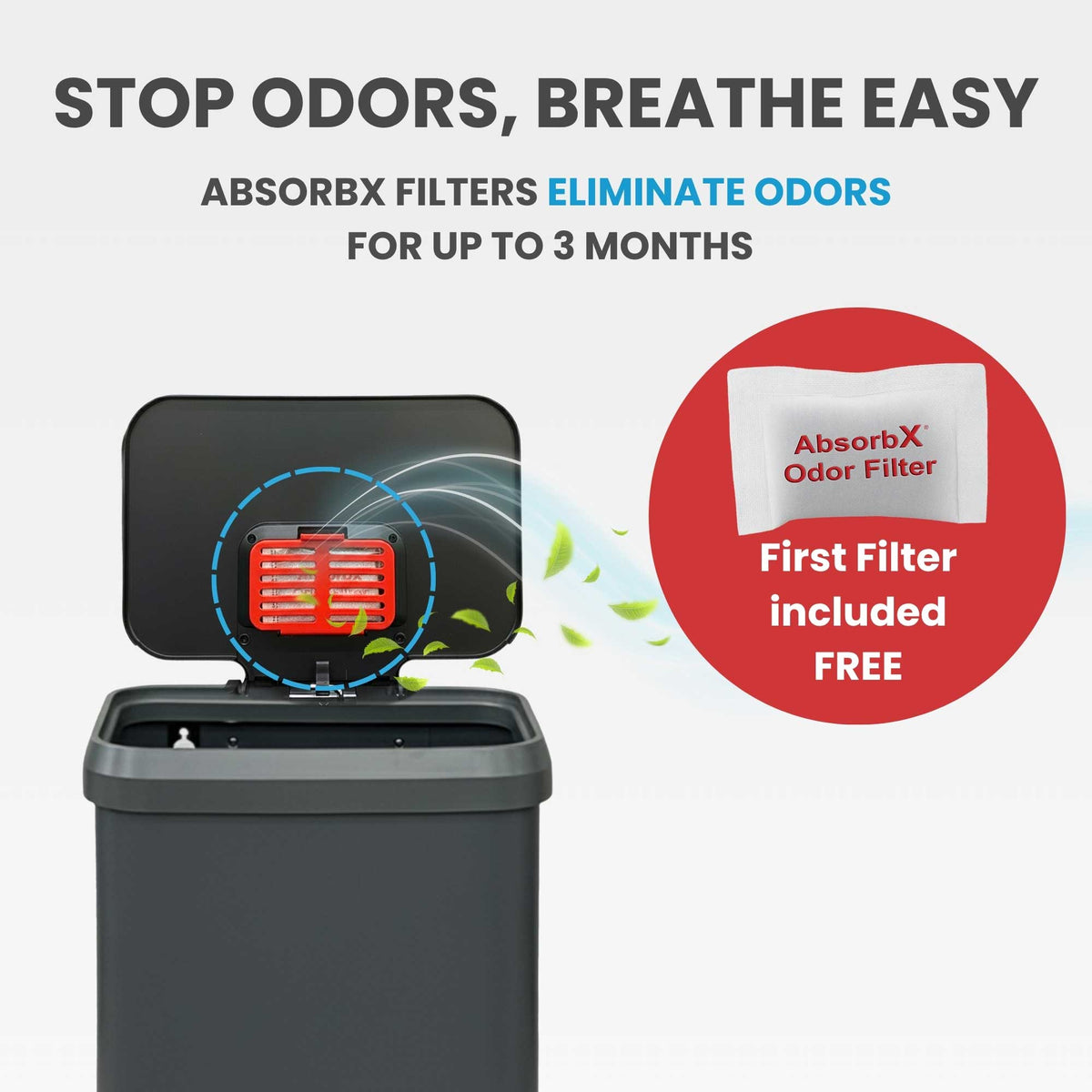 Image illustrating the odor elimination feature of the iTouchless trash can, showing the AbsorbX odor filter in the lids that control smells for up to 3 months.