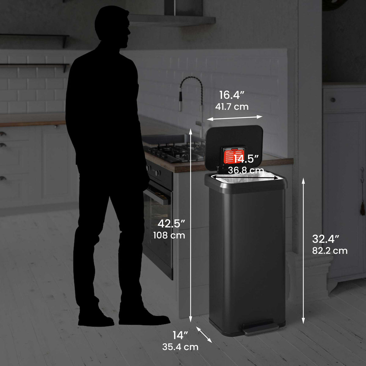 Size perspective image of the iTouchless PP20RSGY trash can next to a silhouette of a person, displaying its full dimensions in inches and centimeters (42.5" height with lid open).