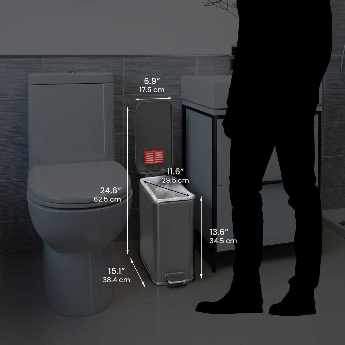 Size perspective image of the iTouchless PS03RGY trash can next to a silhouette of a person, displaying its full dimensions in inches and centimeters (13.6" height with lid open).